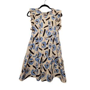 THML Tiered Short Dress Women's SM Blue White Cotton Summer Resort Beach Mini